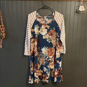 Floral Blue and White Striped Women's Dress